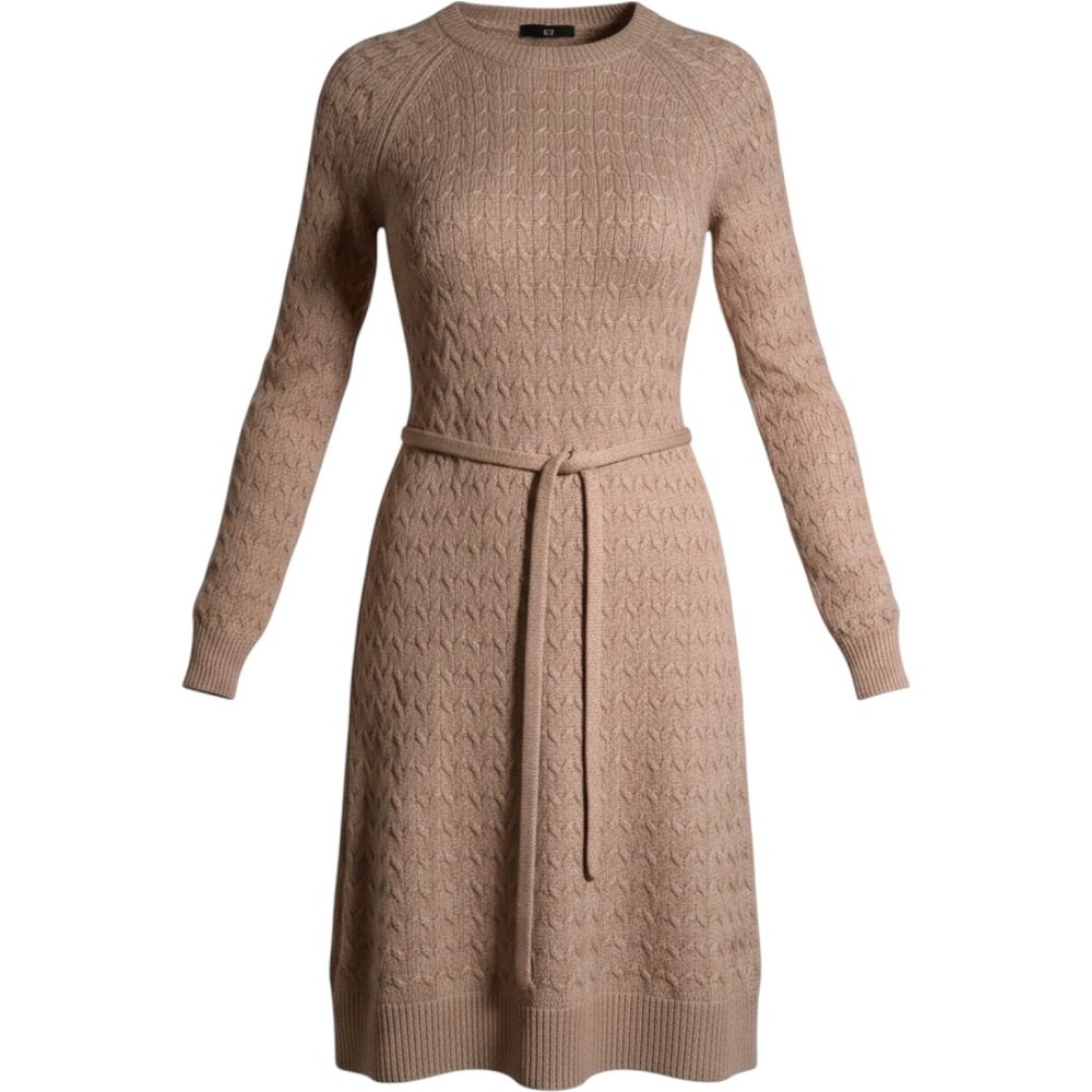 HM Cable Knit Sweater Dress XS Tan Beige Long Sleeve Belted Mini Crew Neck